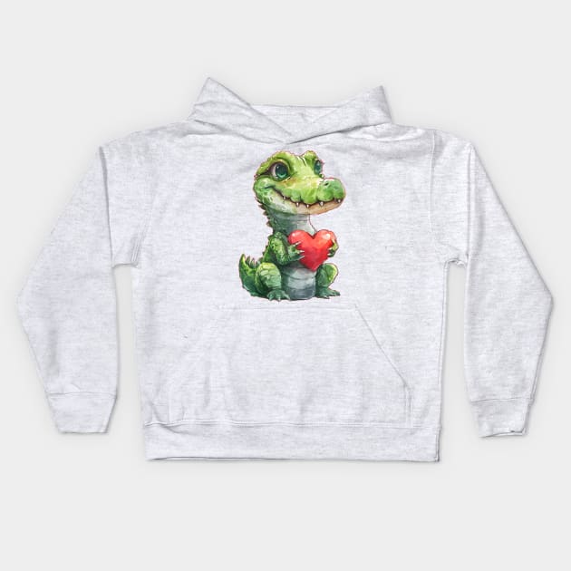 Valentine Crocodile Holding Heart Kids Hoodie by Chromatic Fusion Studio